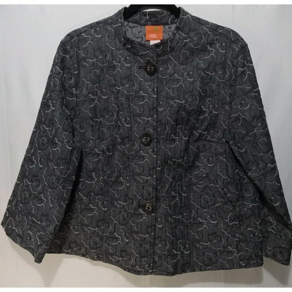 Hearts of Palm Black /Gray Floral Embroidered 3/4 Sleeve 2 Pocket Size 16 Blazer